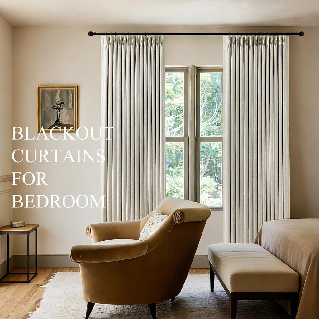 Pinch Pleat Linen Blackout Curtains 90 Inch 2 Panels
