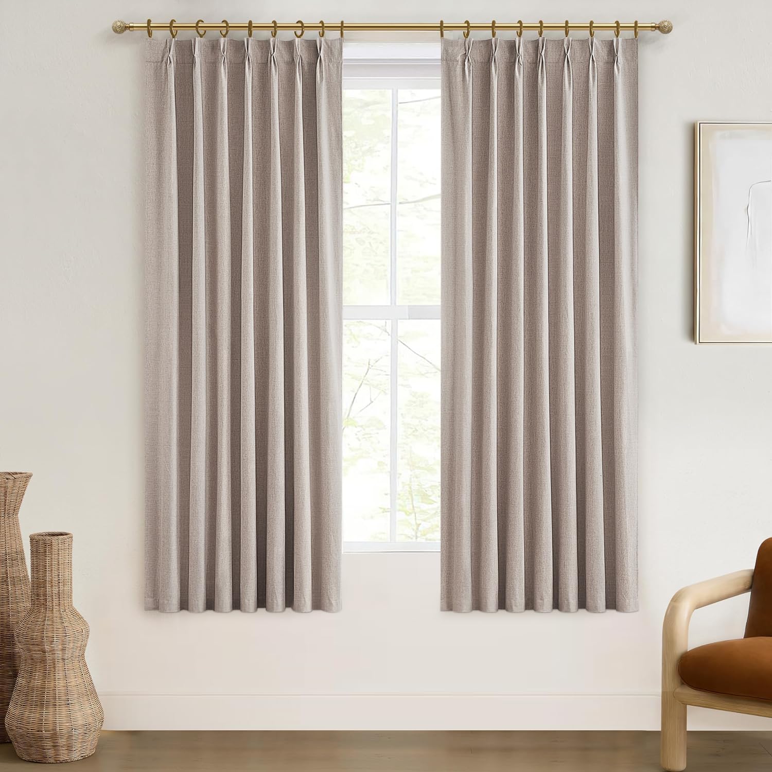 Pinch Pleat Linen Blackout Curtains 96 Inch 2 Panels