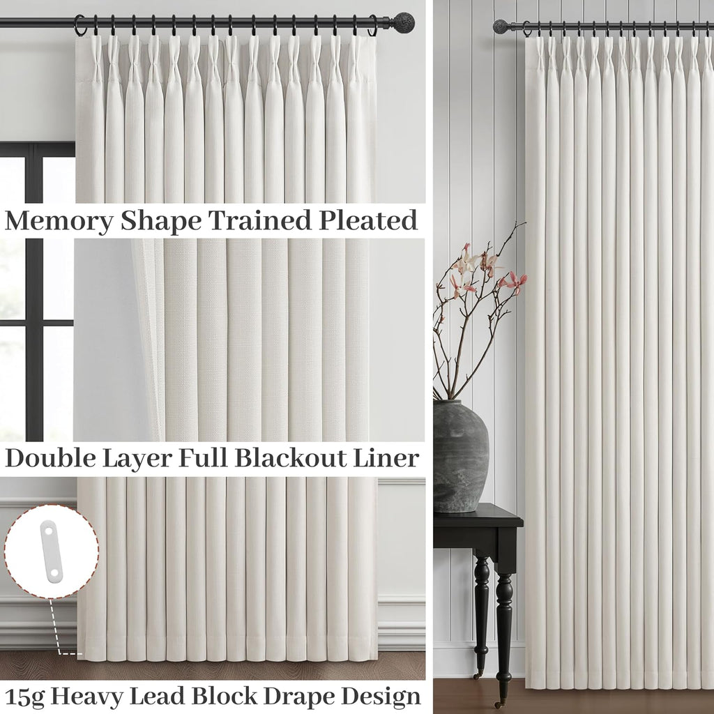 Beige Pinch Pleat Linen Blackout Curtains 96 Inch 2 Panels