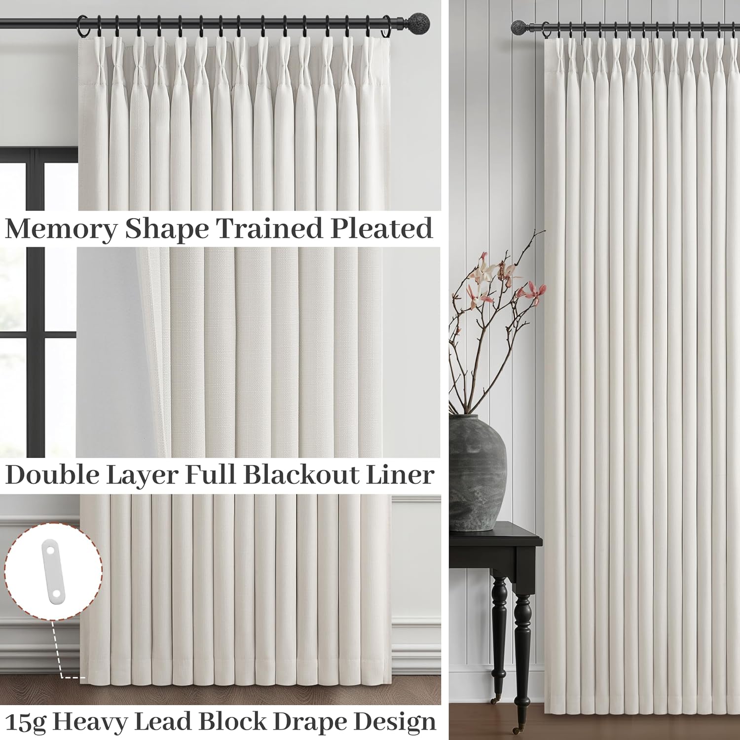 Beige Pinch Pleat Linen Blackout Curtains 96 Inch 2 Panels