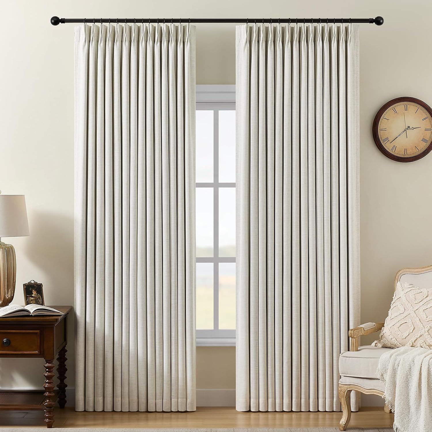 Pinch Pleat Linen Blackout Curtains 90 Inch 2 Panels