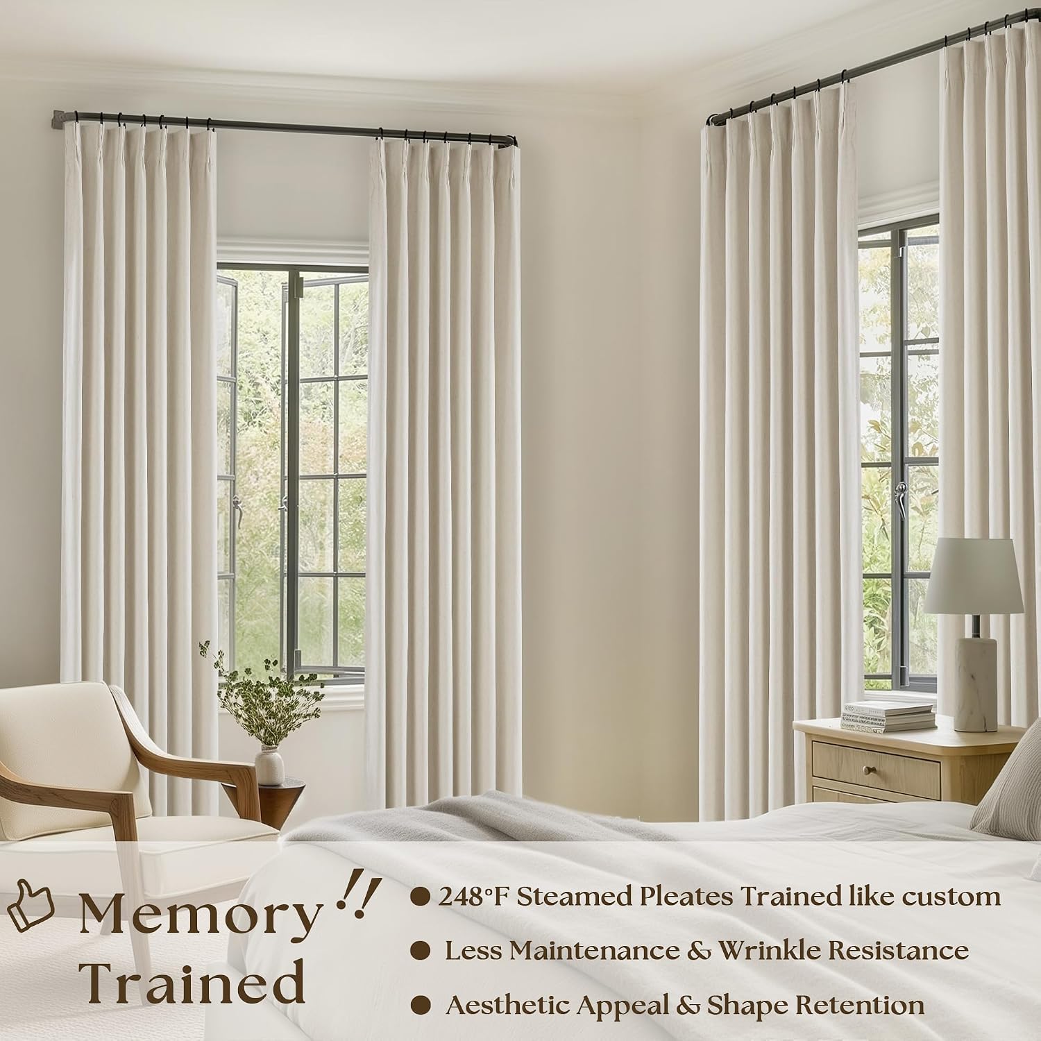Pinch Pleated Linen Blackout Curtains 2 Panels Set