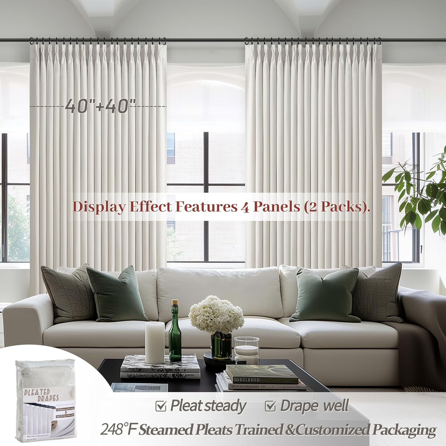 Beige Pinch Pleat Linen Blackout Curtains 96 Inch 2 Panels