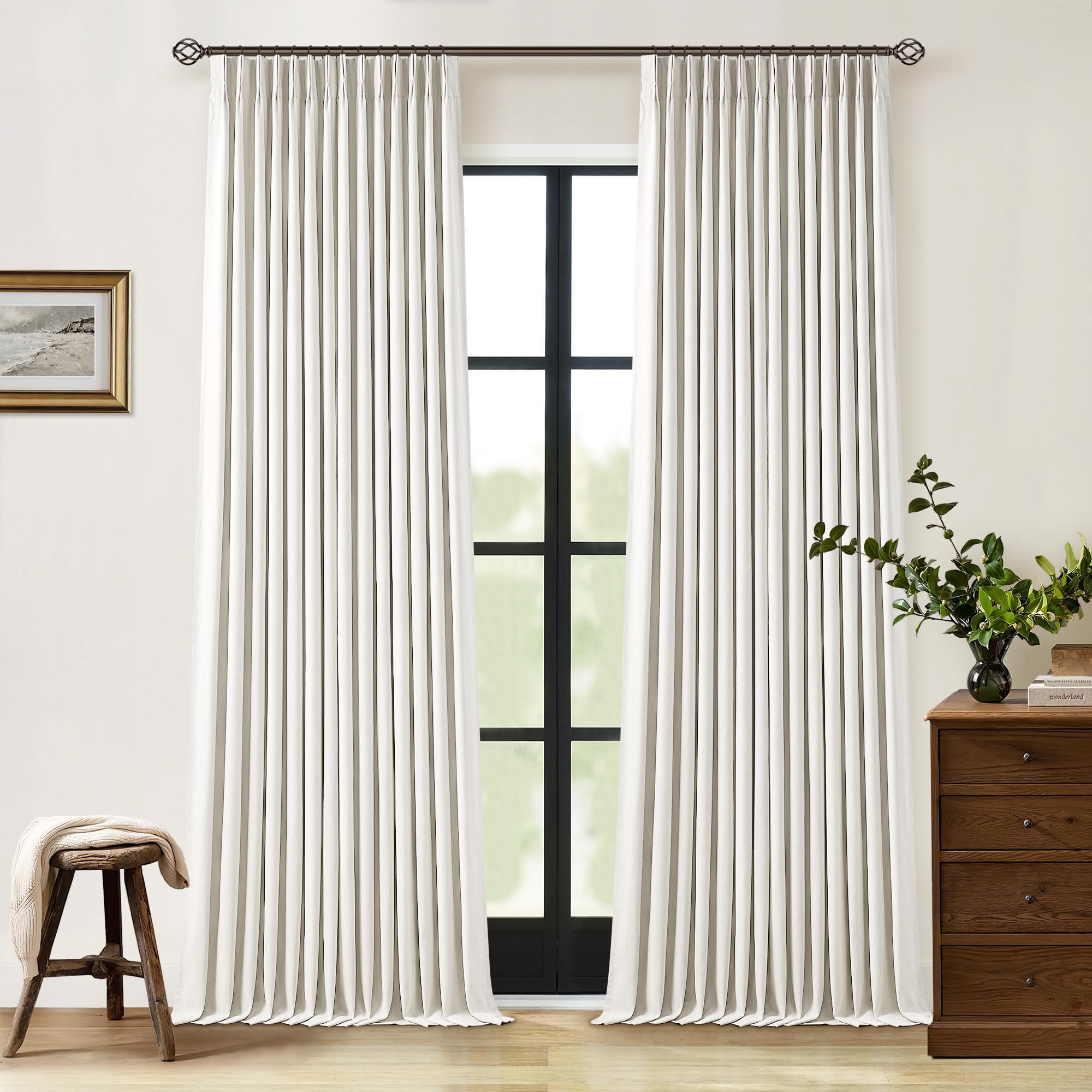 Pinch Pleated Linen Blackout Curtains 2 Panels Set