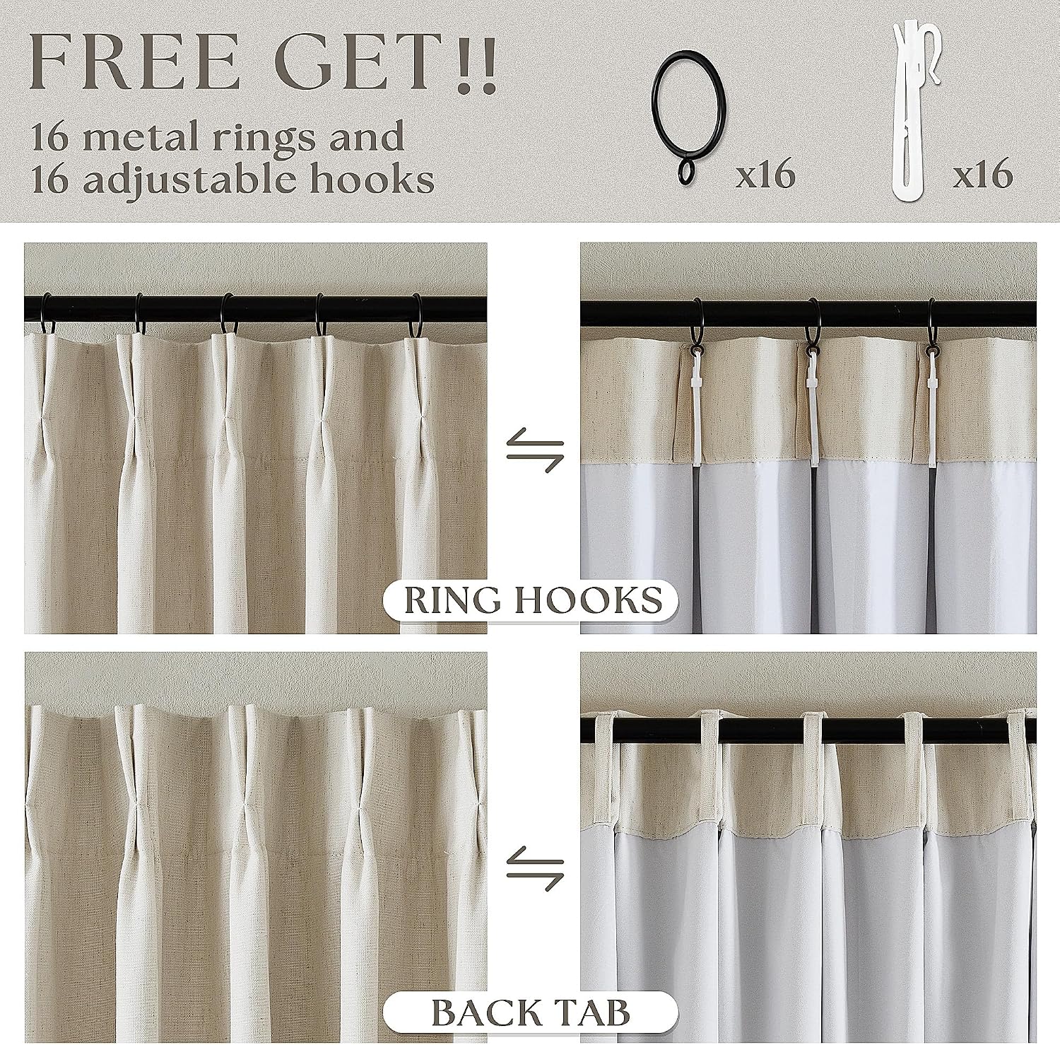 Pinch Pleated Linen Blackout Curtains 2 Panels Set